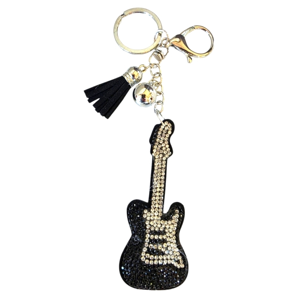 Black and Silver Rhinestone Guitar Purse Charm Or Keyring - Picture 2 of 2